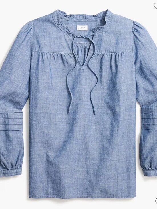 J.CREW Tops - J.Crew Popover Chambray Ruffle Neck Peasant Top Womens XXS Long Sleeve Cotton